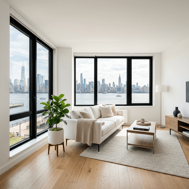 Bright clean modern apartment living room in Hoboken NJ